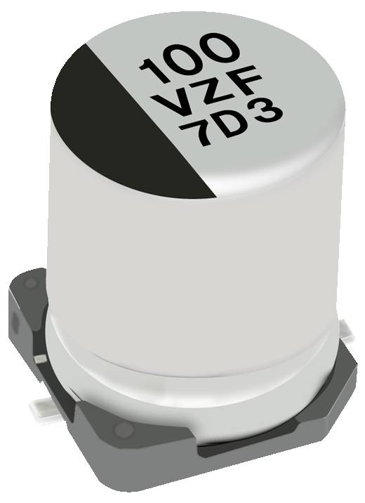 Kondensator oznaczony jako '100 VZF 7D3' posiada cylindryczny kształt z dwoma metalowymi przewodami u podstawy. Stosowany w zastosowaniach elektronicznych obwodów.