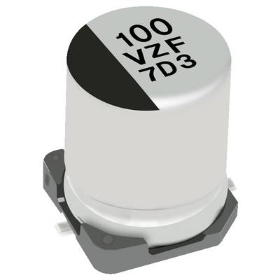 Kondensator oznaczony jako '100 VZF 7D3' posiada cylindryczny kształt z dwoma metalowymi przewodami u podstawy. Stosowany w zastosowaniach elektronicznych obwodów.