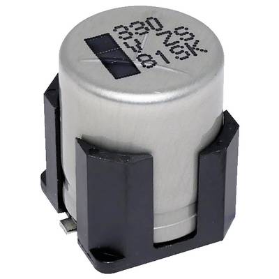 Srebrny cylindryczny element elektryczny, prawdopodobnie kondensator, jest zamocowany w czarnym plastikowym uchwycie z widocznymi oznaczeniami na wierzchu.