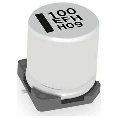 Cylindryczny kondensator elektroniczny z etykietą '100 EFH H09' na górze, zamontowany na czarnej podstawie z dwoma widocznymi złączami.