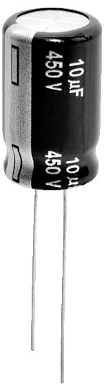 Kondensator cylindryczny o pojemności 10 mikrofaradów, napięciu 450 V, z dwoma przewodami wyprowadzającymi z podstawy, stosowany w obwodach elektronicznych.