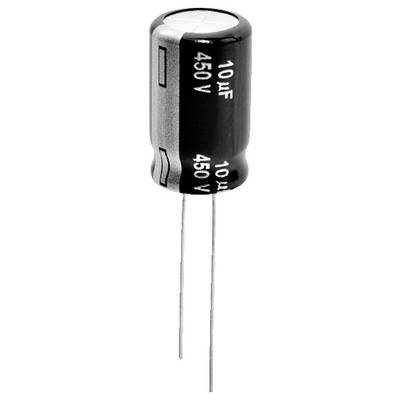 Kondensator cylindryczny o pojemności 10 mikrofaradów, napięciu 450 V, z dwoma przewodami wyprowadzającymi z podstawy, stosowany w obwodach elektronicznych.