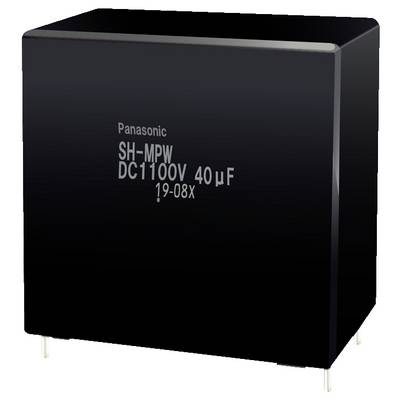 Czarny prostokątny kondensator Panasonic, model SH-MPW, o napięciu znamionowym DC1100V i pojemności 40µF, z numerem seryjnym 19-08X, z dwoma przewodami metalowymi.