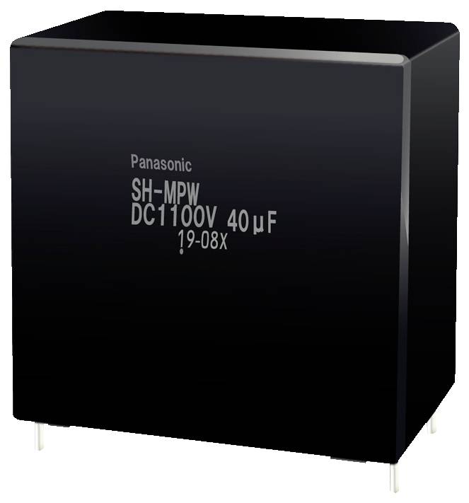 Czarny kondensator Panasonic oznaczony jako 'SH-MPW DC1100V 40μF 19-08X' z dwoma metalowymi przewodami na spodzie, stosowany w obwodach elektronicznych.