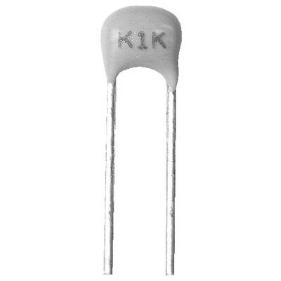 Mały szary ceramiczny kondensator z napisem "K1K" na obudowie, posiadający dwie metalowe nóżki.