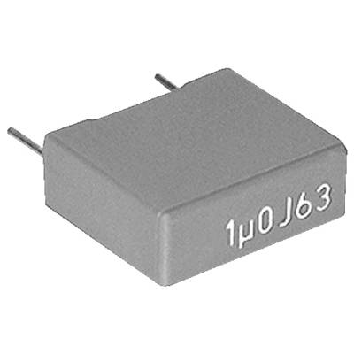 Prostokątny kondensator elektroniczny z dwoma przewodami, z napisem '1μ0J63' na jednej ze stron.