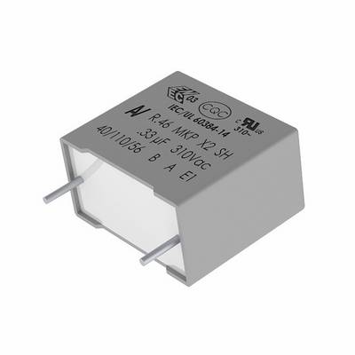 Szary elektroniczny kondensator z dwoma metalowymi przewodami i etykietami wskazującymi specyfikacje: 0,33µF, 310VAC, R46 MKP X2 oraz certyfikatami bezpieczeństwa.