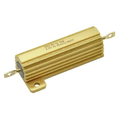 Złoty, cylindryczny, żebrowany element elektroniczny z dwoma metalowymi końcówkami z napisem 'DALE RH-50 50W 3,3Ω 1% MEXICO M1037'.