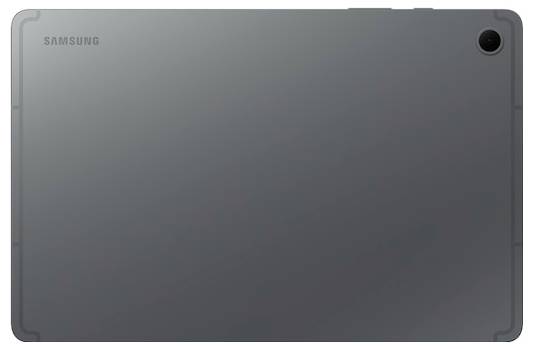 Tablet Samsung widziany od tyłu, z kamerą w górnym prawym rogu i eleganckim, minimalistycznym ciemnoszarym wykończeniem.
