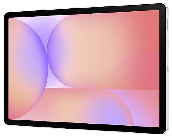 Czarny tablet z kolorowym abstrakcyjnym ekranem, prezentujący gradient barw różu, pomarańczu i fioletu, oglądany pod skosem.