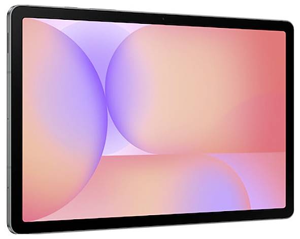 Tablet z cienką czarną ramką wyświetlający abstrakcyjny gradient różowych i lawendowych kół na ekranie.