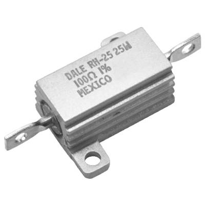Metalowy prostokątny rezystor oznaczony napisem 'DALE RH-25 25W 100Ω 1% MEXICO' z zaczepami montażowymi na każdym końcu.