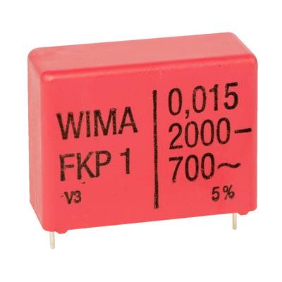 Czerwony kondensator elektryczny oznaczony napisami 'WIMA FKP 1', '0,015', '2000—700~' oraz '5%'. Posiada dwa metalowe wyprowadzenia do podłączenia.