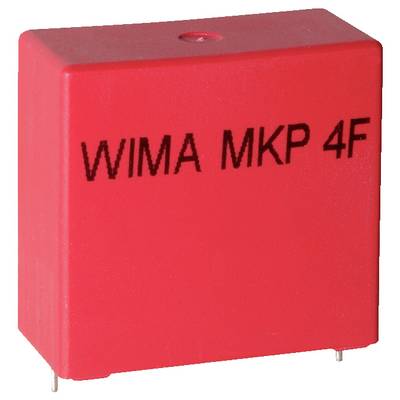 Czerwony, kwadratowy element elektroniczny oznaczony etykietą 'WIMA MKP 4F', z dwoma metalowymi końcówkami poniżej.