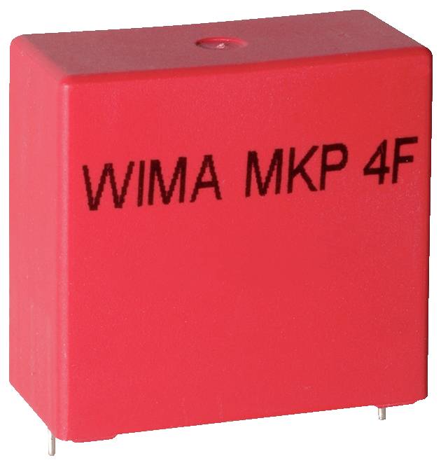 Czerwony prostokątny kondensator oznaczony napisem 'WIMA MKP 4F' z dwoma metalowymi przewodami u dołu.