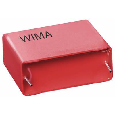 Czerwony prostokątny element elektroniczny z dwoma metalowymi wyprowadzeniami, oznaczony napisem 'WIMA'.
