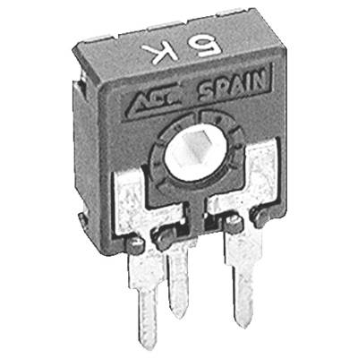 Potencjometr '1K ACI Spain' z trzema pinami i śrubą regulacyjną. Używany do zmiennego oporu w obwodach elektronicznych.