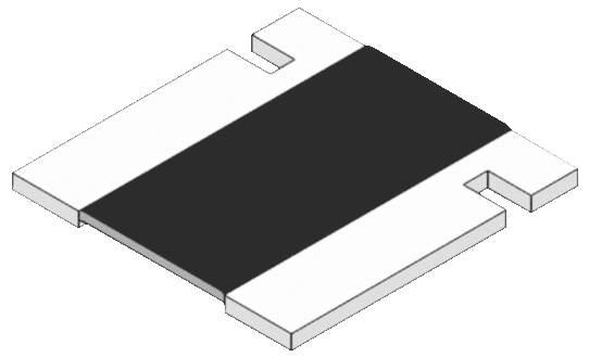 Trójwymiarowa ilustracja czarno-białego rezystora elektronicznego, ukazująca poprzeczne nacięcia wskazujące punkty połączeniowe.