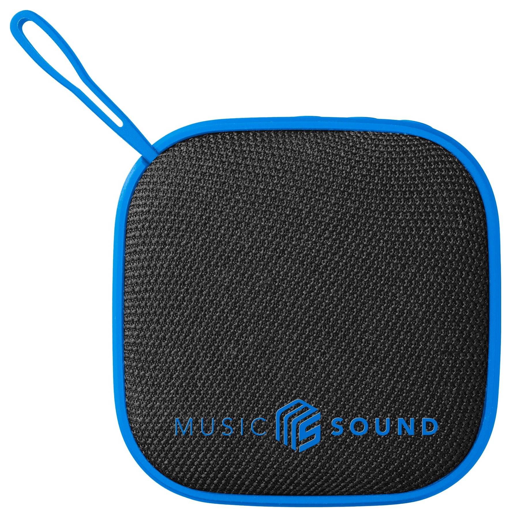 Kwadratowy, przenośny głośnik Bluetooth z czarną siatką z przodu, niebieskim wykończeniem i niebieskim paskiem na nadgarstek, posiadający logo „Music Sound".