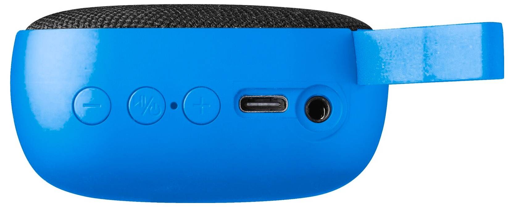 Niebieski przenośny głośnik z kontrolkami głośności, portem ładowania USB-C i gniazdem audio z boku, wyposażony w pętelkę z tkaniny umożliwiającą łatwe przenoszenie.