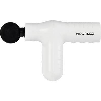 Biały ręczny pistolet do masażu marki 'Vitalmaxx' z czarną kulistą nasadką. Używany do regeneracji mięśni i łagodzenia napięcia.