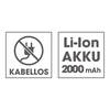 'Kabellos: Symbol przedstawia przekreśloną wtyczkę. Akumulator Li-Ion 2000 mAh' w dwóch kwadratach.