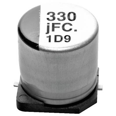 Metalowy cylindryczny kondensator elektroniczny oznaczony na powierzchni napisem '330 μF 6.3V', zamontowany na czarnej podstawie.