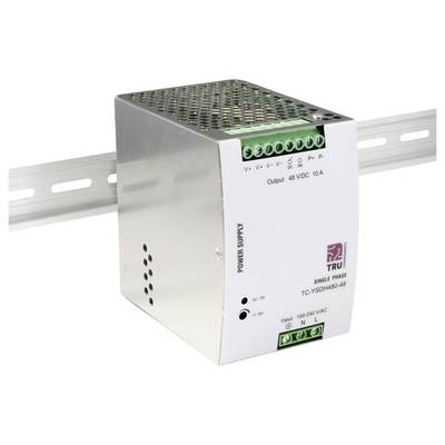 Moduł zasilacza AC-DC jednofazowy montowany na szynie DIN, oznaczony „Wyjście 48 VDC 10A", przeznaczony do użytku przemysłowego.