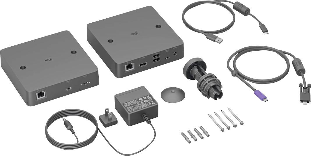 Centrum urządzeń Logitech z różnymi portami, zasilaczem, kablami, złączkami i osprzętem montażowym ułożonymi do instalacji.