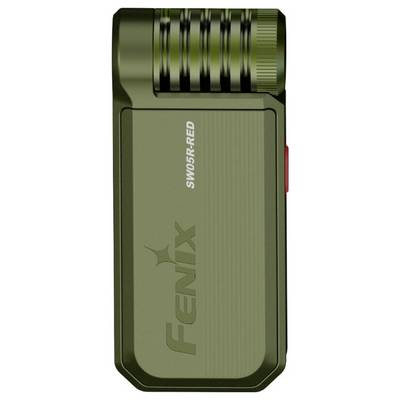 Oliwkowozielona latarka z teksturowanym uchwytem i logo 'Fenix SW05R RED' z boku.