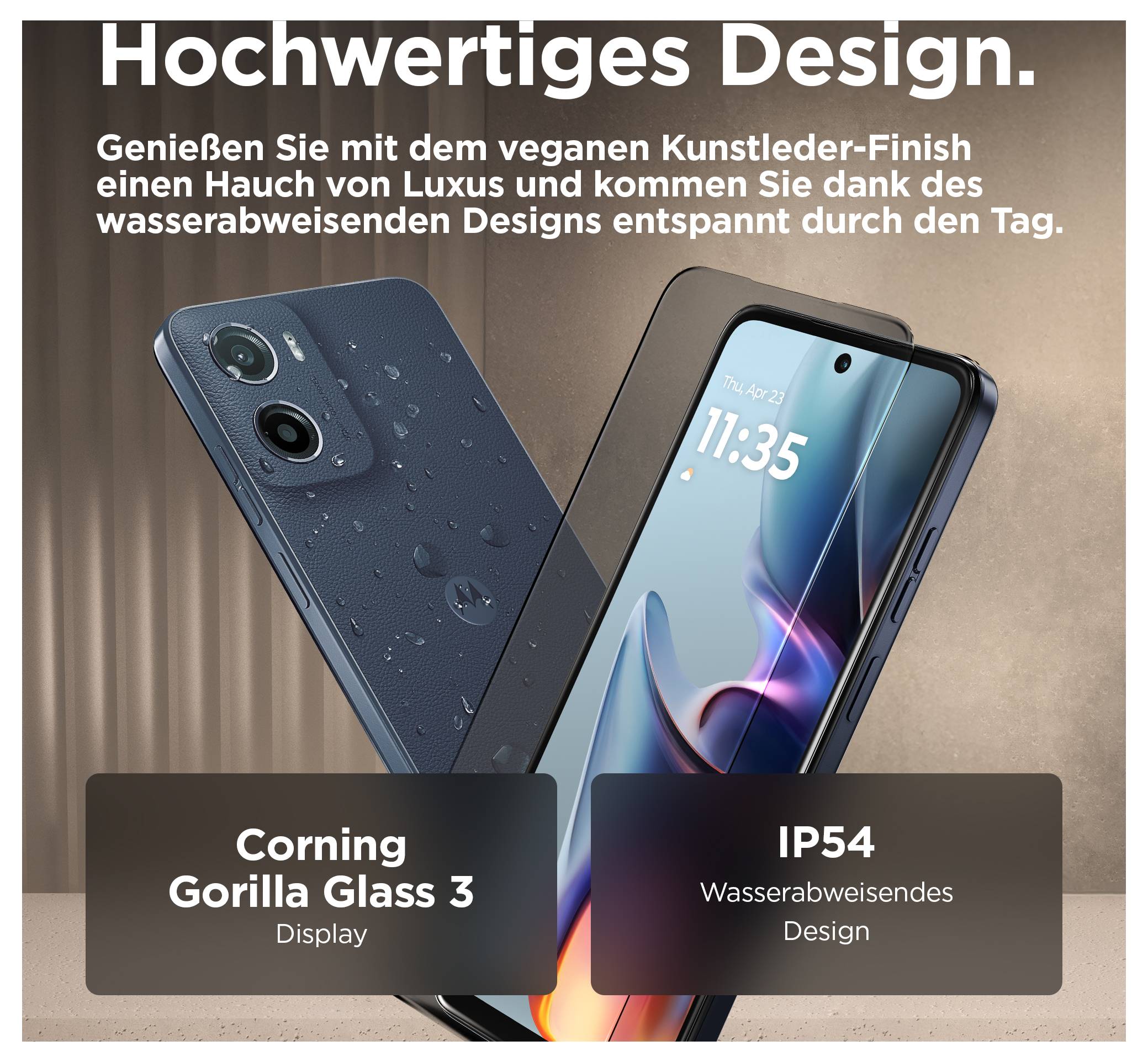 'Smartfon z weganskim wykończeniem sztucznej skóry, wyświetlacz Corning Gorilla Glass 3, ochrona IP54 przed wodą i kurzem.'