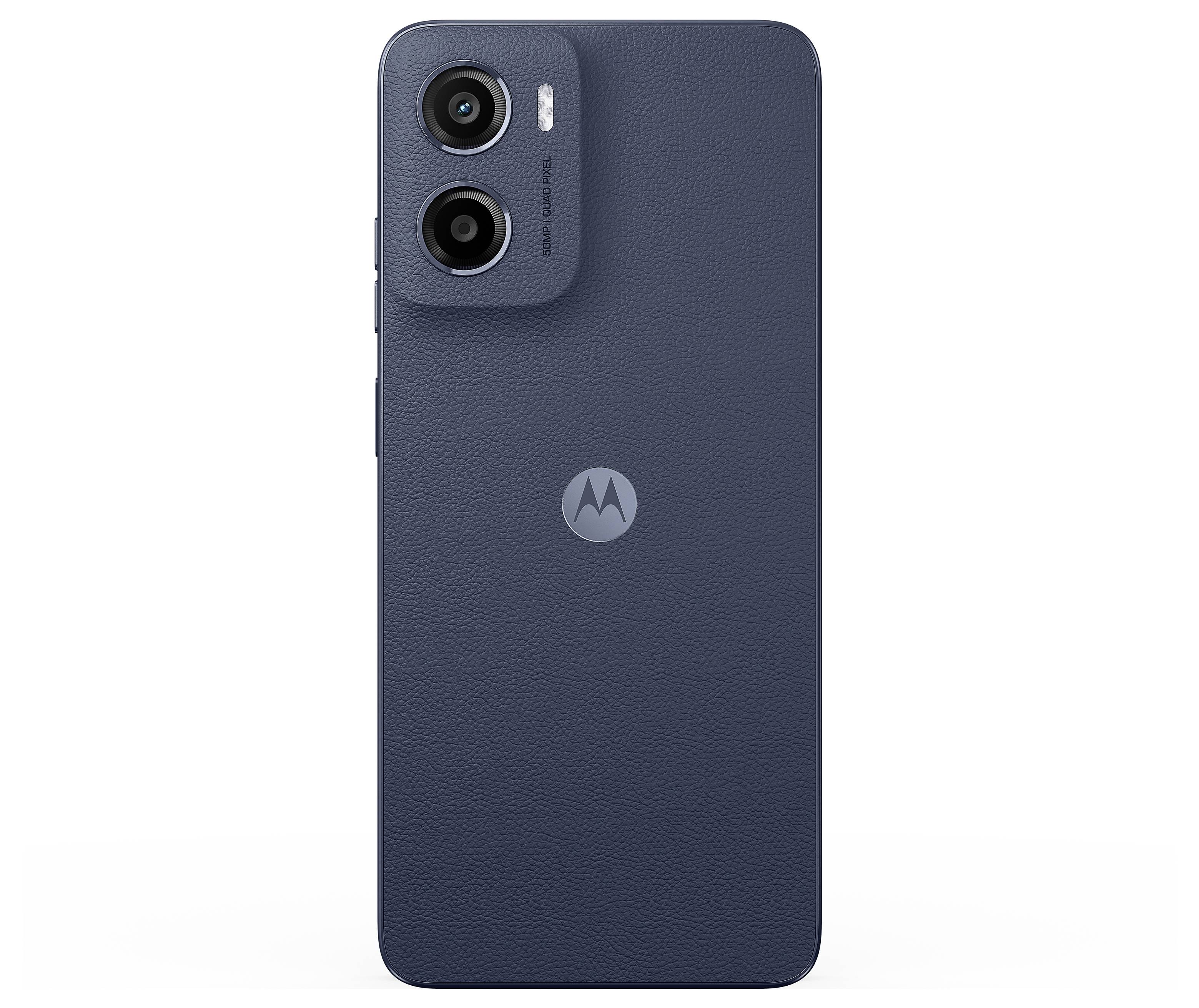 Elegancka smartfon z jasno niebieskim metalicznym tyłem, wyposażony w logo Motoroli oraz potrójny moduł aparatu w górnym lewym rogu.