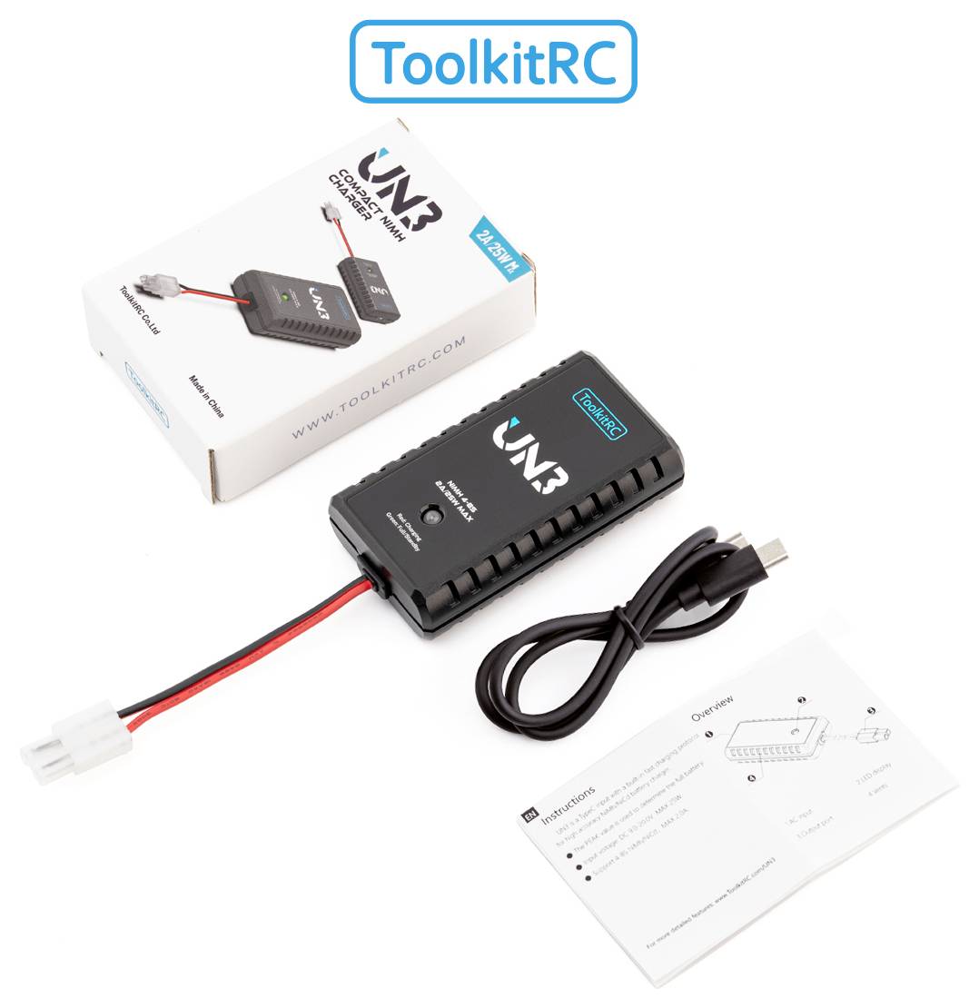Tester i balancer akumulatorów firmy ToolkitRC oznaczony jako 'UAV CAN'. Zawiera pudełko, urządzenie, kabel USB i arkusz instrukcji.
