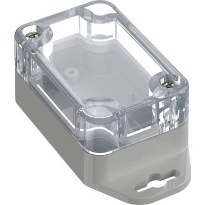 Przezroczysta plastikowa obudowa elektroniczna z widocznymi wkrętami, odpowiednia do zabezpieczania małych urządzeń, wyposażona w otwór montażowy w podstawie.