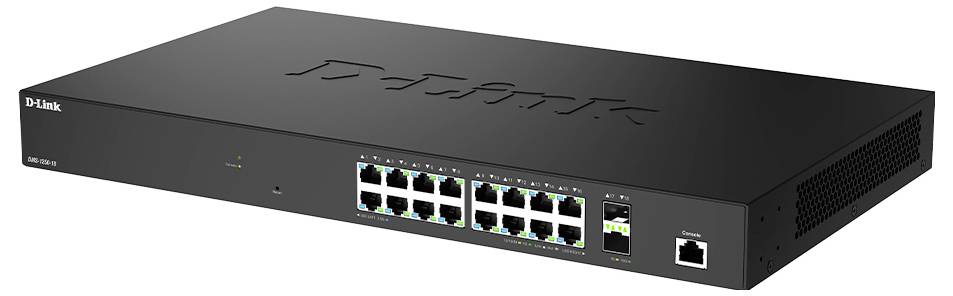 Czarny przełącznik sieciowy D-Link z 16 portami Ethernet i wskaźnikami LED, używany do zarządzania ruchem danych w sieci.
