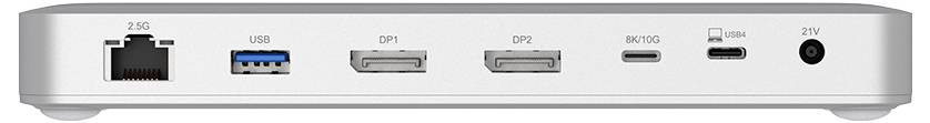 Widok z tyłu stacji dokującej z portami: Ethernet, USB 3.0, dwa DisplayPort, mini DisplayPort, USB-C, HDMI oraz gniazdo zasilania.