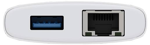 Zbliżenie białego urządzenia przedstawiające dwa porty: port USB po lewej stronie i port Ethernet po prawej stronie.