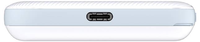 Widok z boku białego urządzenia elektronicznego z jasnoniebieskimi akcentami, z portem USB-C umieszczonym centralnie.