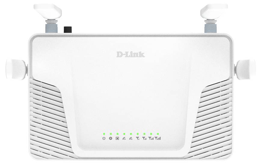 Biały router D-Link z podwójnymi antenami, z wskaźnikami LED na przedniej części obudowy wyświetlającymi stan połączenia.