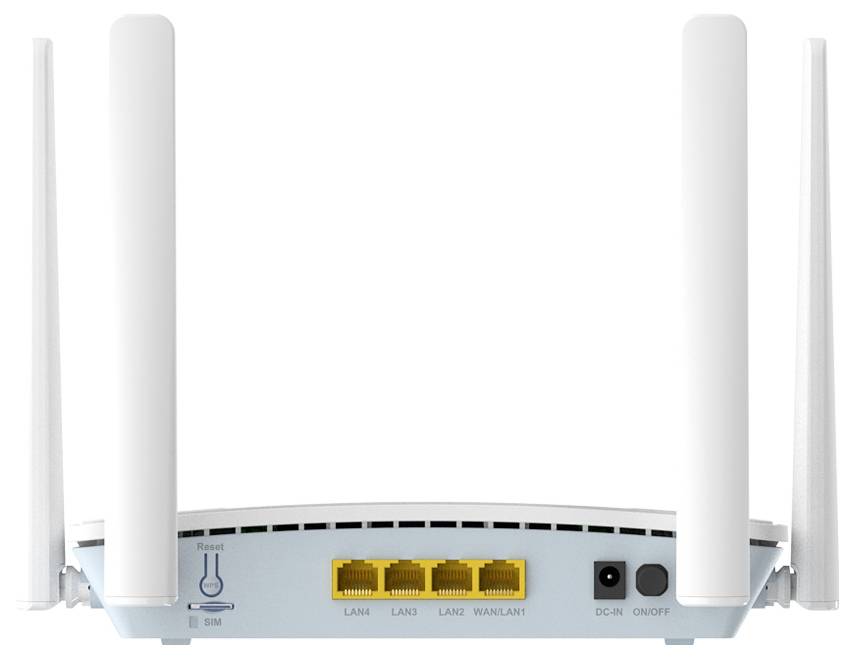 Biały bezprzewodowy router z czterema pionowymi antenami i czterema żółtymi portami LAN z tyłu, wyposażony w przyciski zasilania i resetowania.