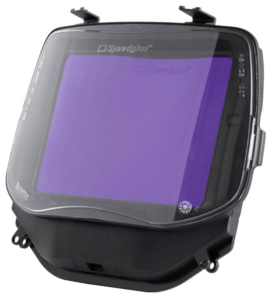 Kask spawalniczy z filtrem automatycznie przyciemniającym się i czarną obudową.