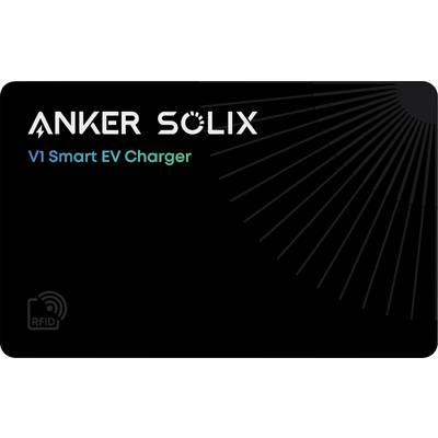 "Ładowarka Anker Solix V1 Smart dla samochodów elektrycznych" na czarnym tle, z promieniującą linią projektową po prawej stronie i ikoną RFID w lewym dolnym rogu.