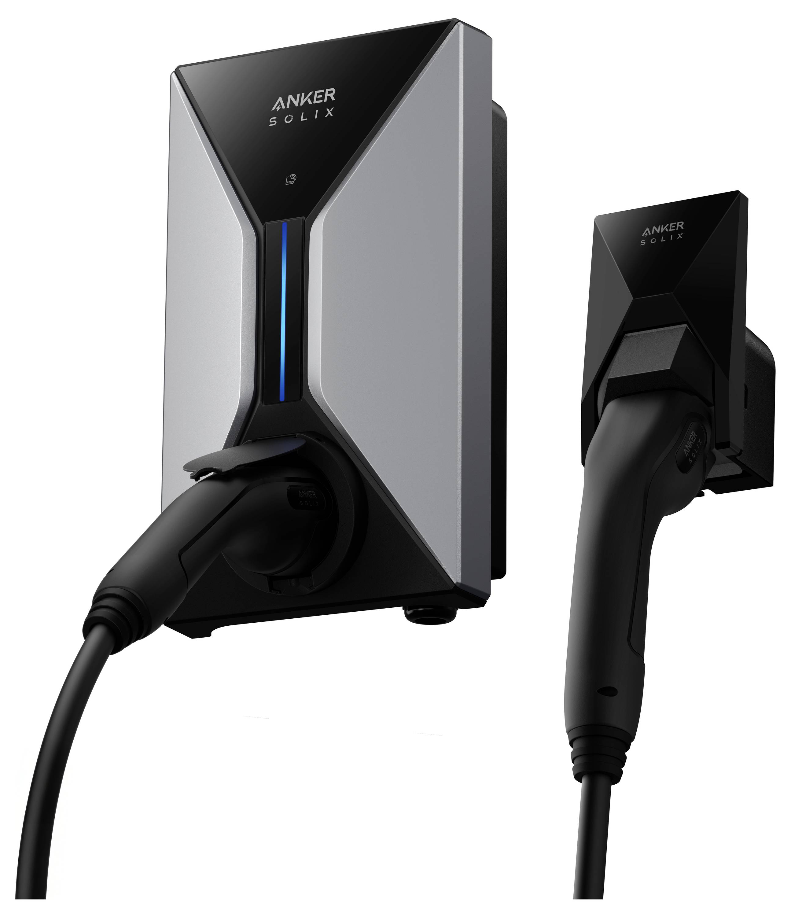 Ładowarka ścienna do pojazdów elektrycznych marki 'ANKER SOLIX', charakteryzująca się eleganckim wzornictwem w kolorach czarnym i srebrnym, wyposażona w podłączony przewód ładujący.