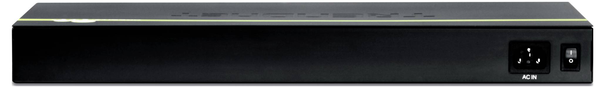 Czarny, prostokątny elektroniczny sprzęt, przypominający przełącznik sieciowy lub router, z przyciskiem zasilania po prawej stronie przedniej płyty.