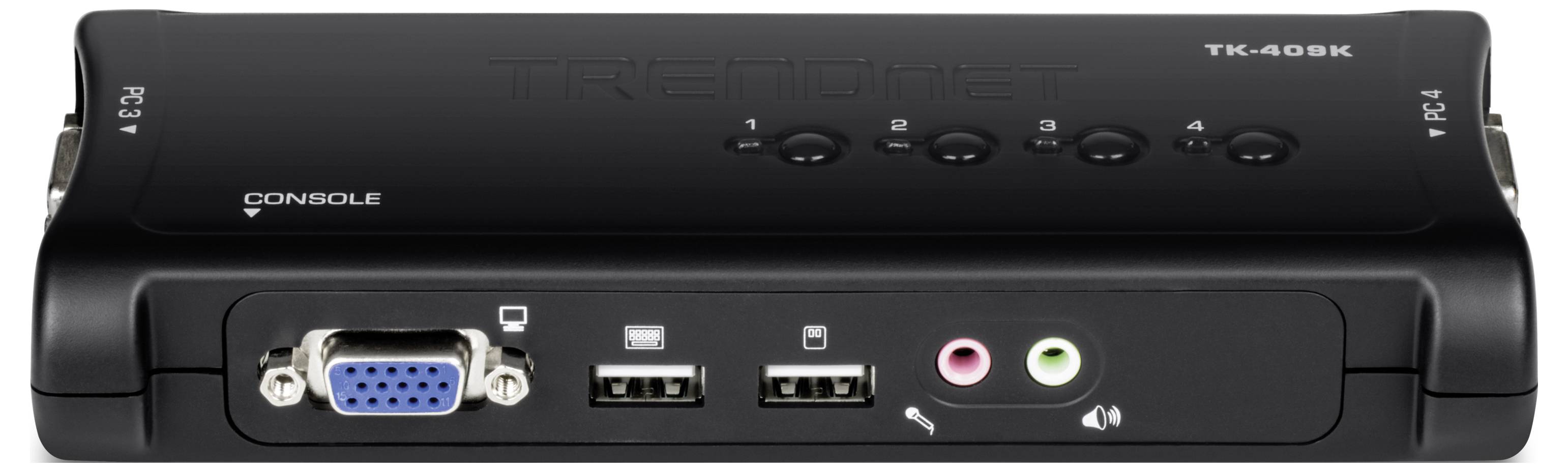 Czarny przełącznik KVM z portem VGA, dwoma portami USB, gniazdami audio oraz oznaczonymi przełącznikami do sterowania wieloma podłączonymi urządzeniami.