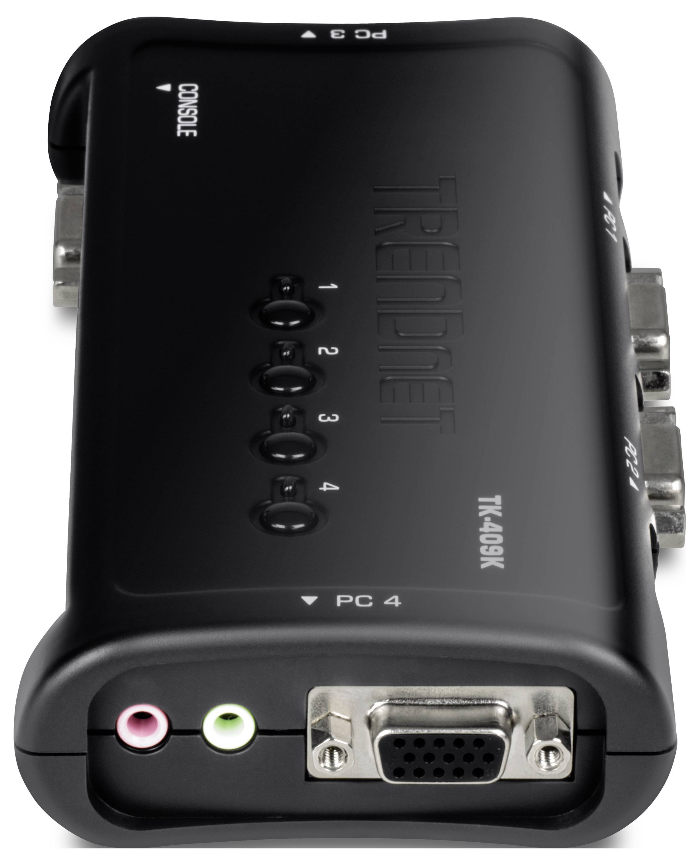 Czarny TRENDnet z portami VGA i audio. Oznaczony etykietami 'PC 1-4' i 'CONSOLE', wskazujący na możliwość podłączenia wielu komputerów.