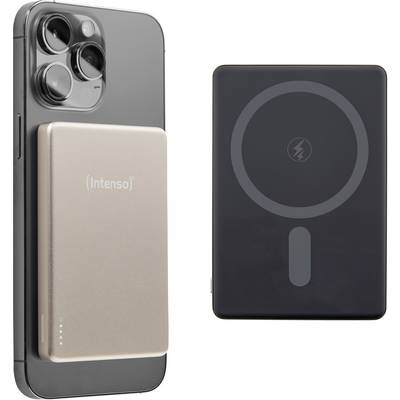 Smartfon z podłączonym z tyłu powerbankiem magnetycznym. Obok niego odwrotna strona powerbanku przedstawiająca okrągły symbol ładowania.