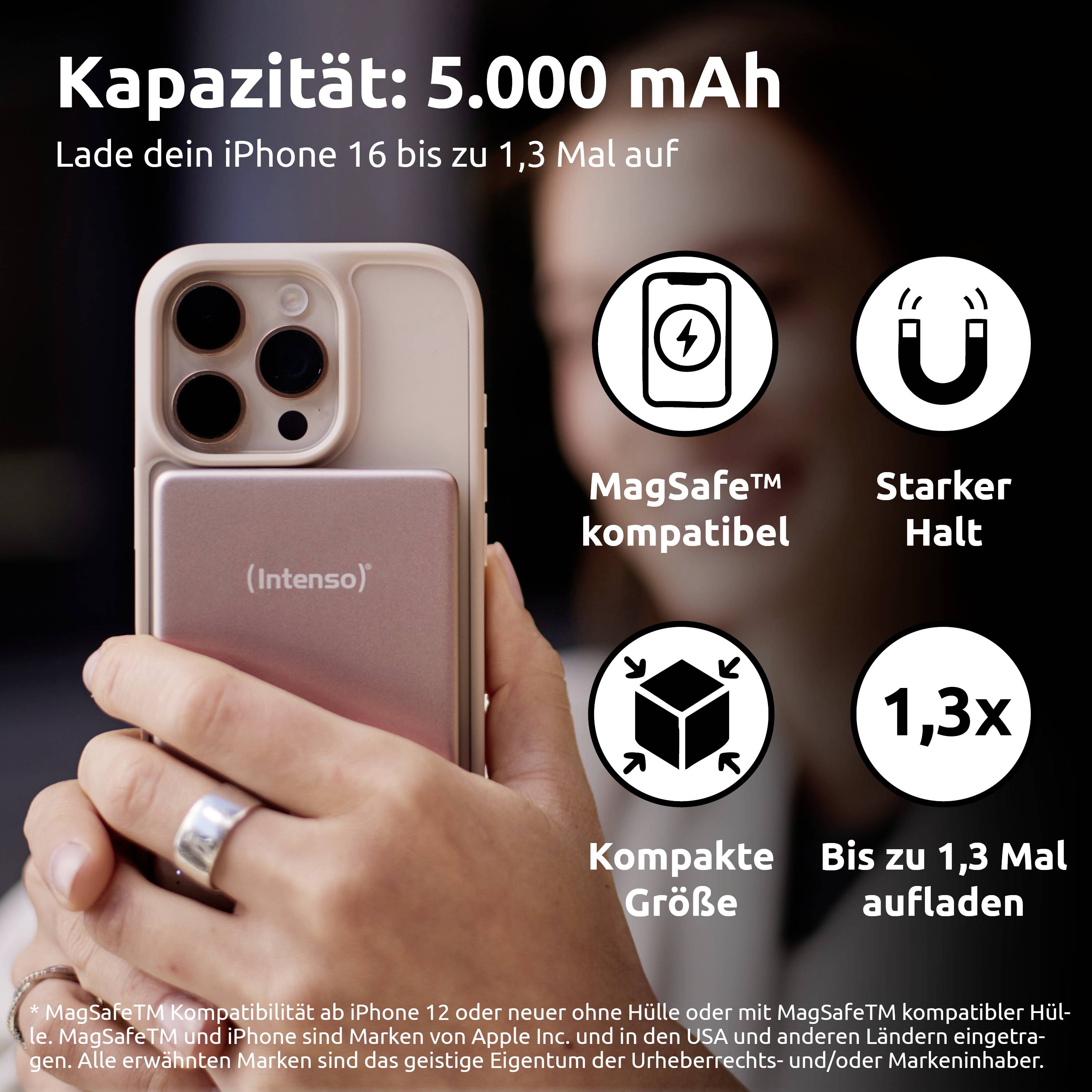 Pojemność: 5.000 mAh. Ilustruje przenośny powerbank do iPhone'a, kompatybilny z MagSafe. Podkreśla mocne przyleganie, kompaktowy rozmiar i możliwość wykonania do 16 pełnychładowań.