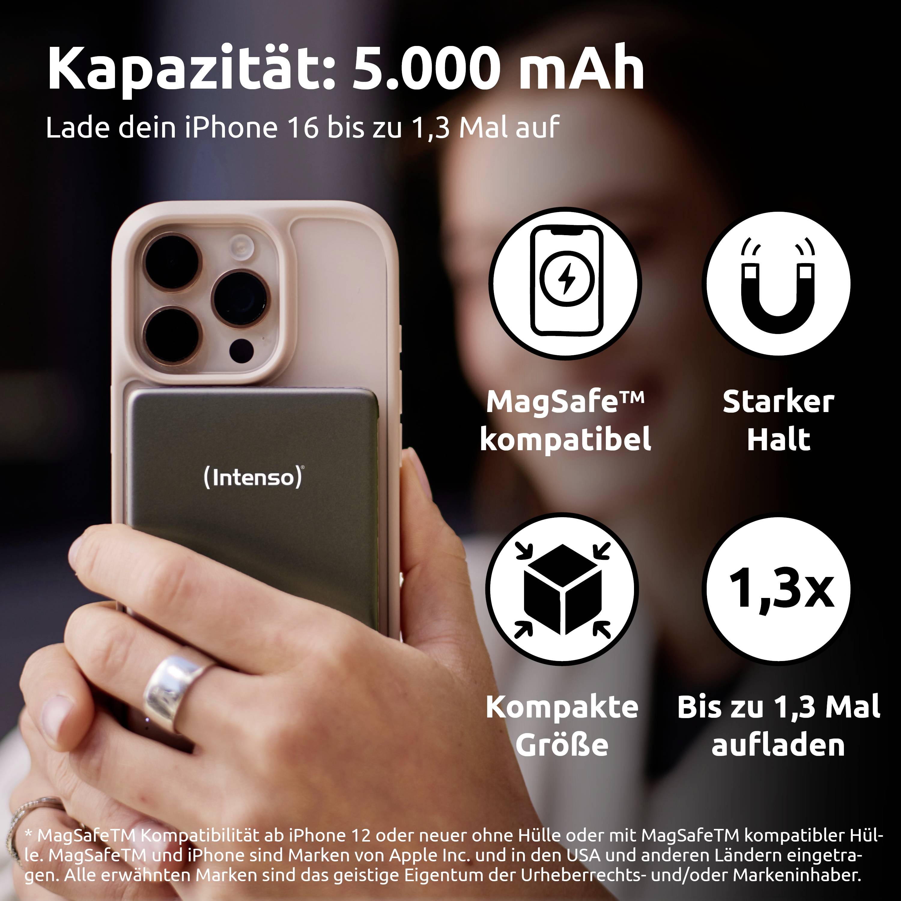 Pojemność: 5.000 mAh" przedstawia dłoń trzymającą powerbank podłączony do telefonu. Ilustruje kompatybilność z MagSafe oraz kompaktowy rozmiar.