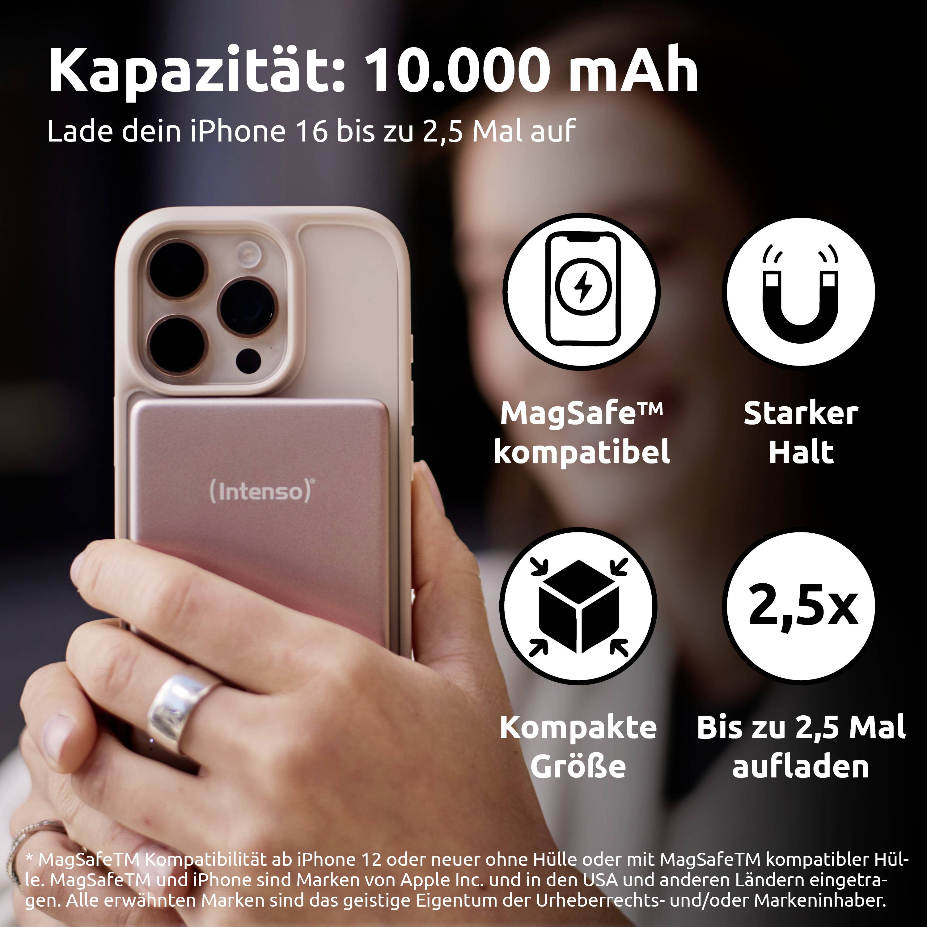 Ręka trzymająca telefon z różowym power bankiem przymocowanym z boku. Tekst podkreśla pojemność 10 000 mAh, kompatybilność z MagSafe, kompaktowy rozmiar, mocne przyleganie oraz możliwość ładowania do 2,5-krotności.